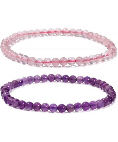 2Pcs Genuine Semi Gems Friendship Beaded Bracelets for Women Crystals and Gemstones Stretch Healing Bracelets Beads 4mm Rose ...