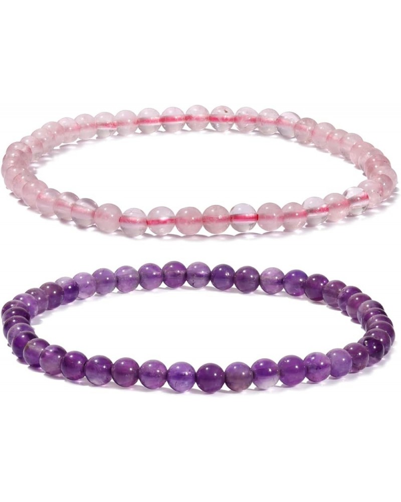 2Pcs Genuine Semi Gems Friendship Beaded Bracelets for Women Crystals and Gemstones Stretch Healing Bracelets Beads 4mm Rose ...