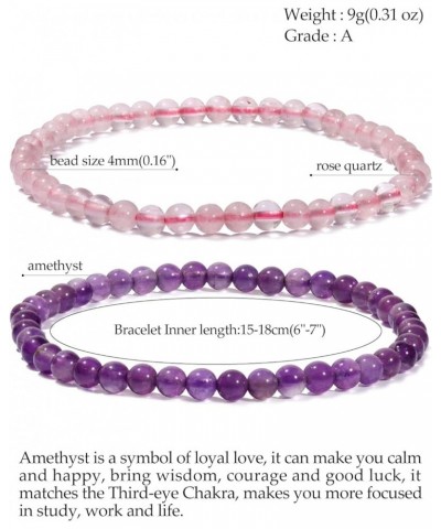 2Pcs Genuine Semi Gems Friendship Beaded Bracelets for Women Crystals and Gemstones Stretch Healing Bracelets Beads 4mm Rose ...