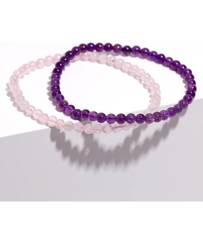 2Pcs Genuine Semi Gems Friendship Beaded Bracelets for Women Crystals and Gemstones Stretch Healing Bracelets Beads 4mm Rose ...