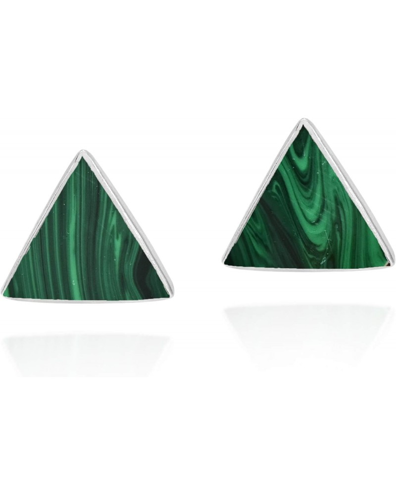 Geometric Triangle Disc Green Malachite .925 Sterling Silver Stud Earrings | Malachite Green Stud Earrings | Triangle Stud Ea...