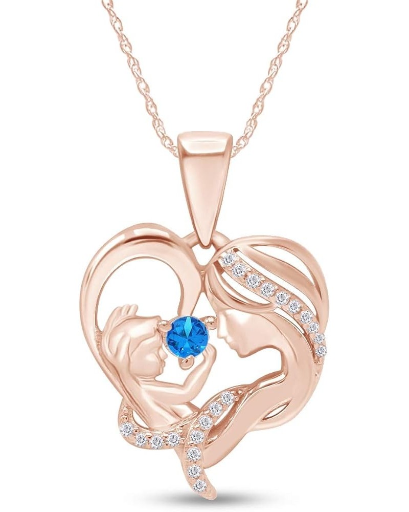 Round Cut Simulated Birthstone & White Cubic Zirconia Mom with Child Heart Pendant Necklace in 14K Rose Gold Over Sterling Si...