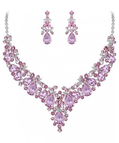 Women's Crystal Elegant Bridal Floral Cluster Teardrop Statement Necklace Earrings Set Crystal_Pink Silver-Tone $12.50 Jewelr...