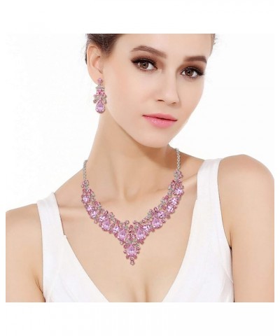 Women's Crystal Elegant Bridal Floral Cluster Teardrop Statement Necklace Earrings Set Crystal_Pink Silver-Tone $12.50 Jewelr...