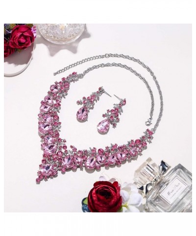 Women's Crystal Elegant Bridal Floral Cluster Teardrop Statement Necklace Earrings Set Crystal_Pink Silver-Tone $12.50 Jewelr...