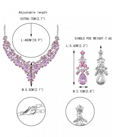 Women's Crystal Elegant Bridal Floral Cluster Teardrop Statement Necklace Earrings Set Crystal_Pink Silver-Tone $12.50 Jewelr...