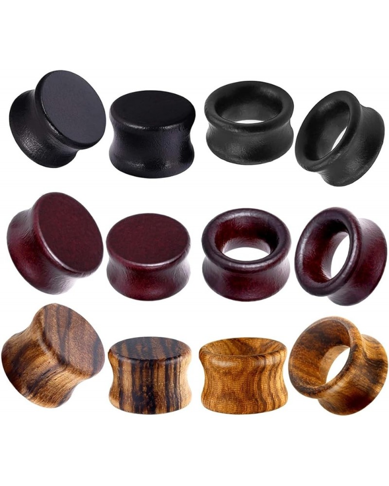 12pcs Vintage Natural Brown Black Wood Organic Ear Tunnel Plugs Stretcher Gauges for Men and Women Hollow Solid Wooden Gauges...