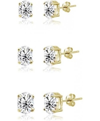 3-Pair Set Sterling Silver Cubic Zirconia Oval Stud Earrings, 5X3mm 6x4mm 7x5mm Yellow Gold $11.00 Earrings