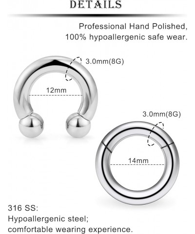 Ocptiy 6G 8G Large Septum Rings Silver PA Ring Surgical Steel Heavy Hinged Clicker Gauges Earrings Stretching kit Horseshoe C...