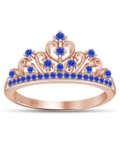 Round Cut Simulated Blue Sapphire Princess Crown Ring in 14k Gold Over Sterling Silver rose-gold-plated-silver $35.28 Rings