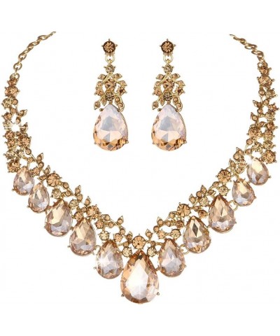 Youfir Bridal Rhinestone Crystal V-Shaped Teardrop Wedding Necklace and Earring Jewelry Sets for Brides Formal Dress Champagn...