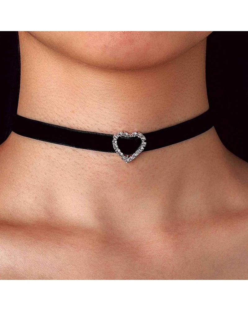 Black Choker Necklace Heart Circle With Crystal Chokers Collar Adjustable Necklaces Jewelry Accessory for Women and Girls Hea...