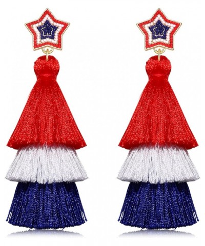 Tiered Tassel Drop Earrings Druzy Round Top Earring Studs for Women USA Star Tassel $6.59 Earrings