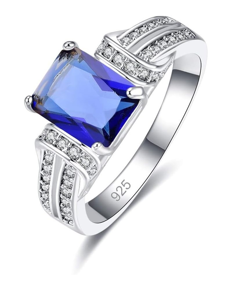 Silver Plated Emerald Cut Created Rainbow Topaz Blue Sapphire CZ Cubic Zirconia Filled Halo Wedding Engagement Band Elegant W...