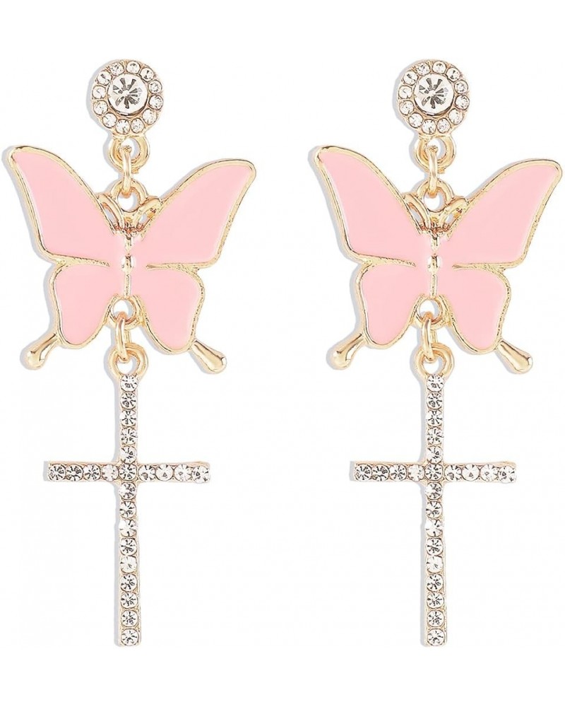 Delicate Butterfly Earrings Rhinestone Cross Earrings for Women Girls Pink $7.01 Earrings