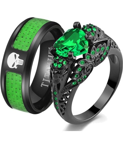 Skull Rings His and Hers Couple Rings Skeleton Rings Heart Green Cz Womens Wedding Ring Punk Ring Green women size7 & men siz...