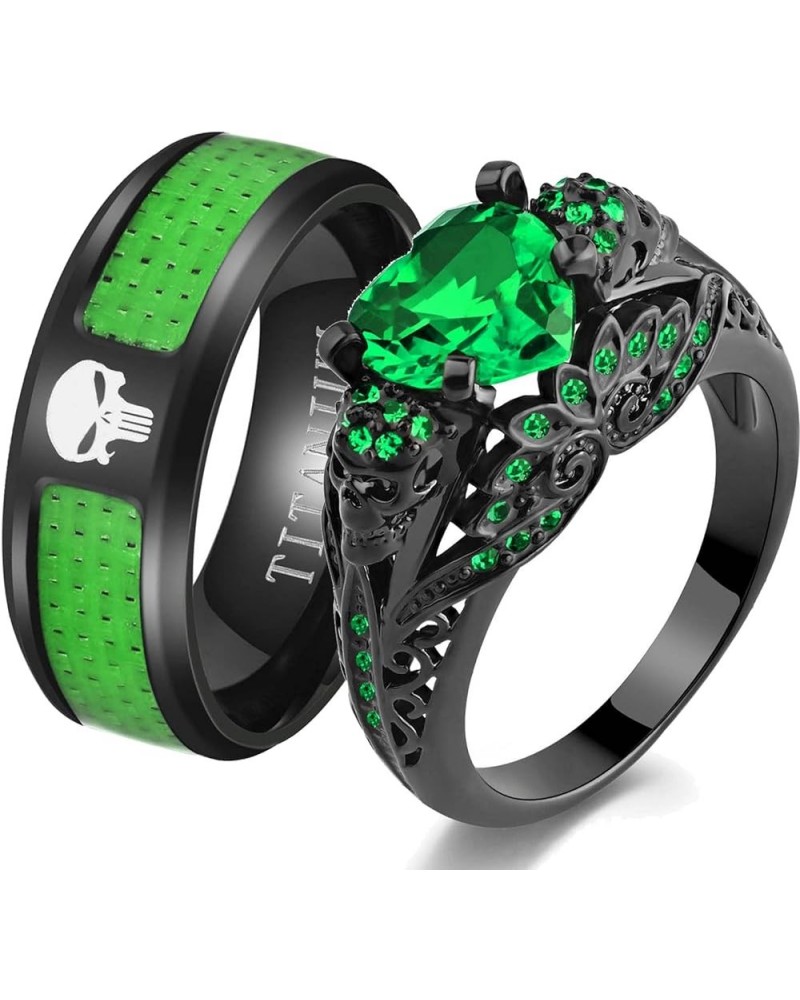 Skull Rings His and Hers Couple Rings Skeleton Rings Heart Green Cz Womens Wedding Ring Punk Ring Green women size7 & men siz...