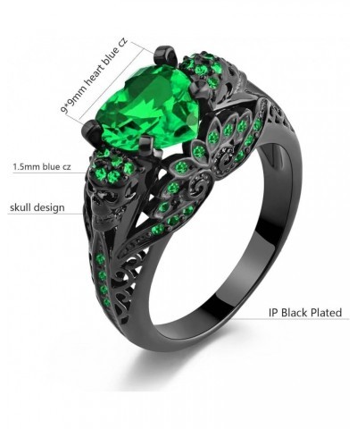 Skull Rings His and Hers Couple Rings Skeleton Rings Heart Green Cz Womens Wedding Ring Punk Ring Green women size7 & men siz...