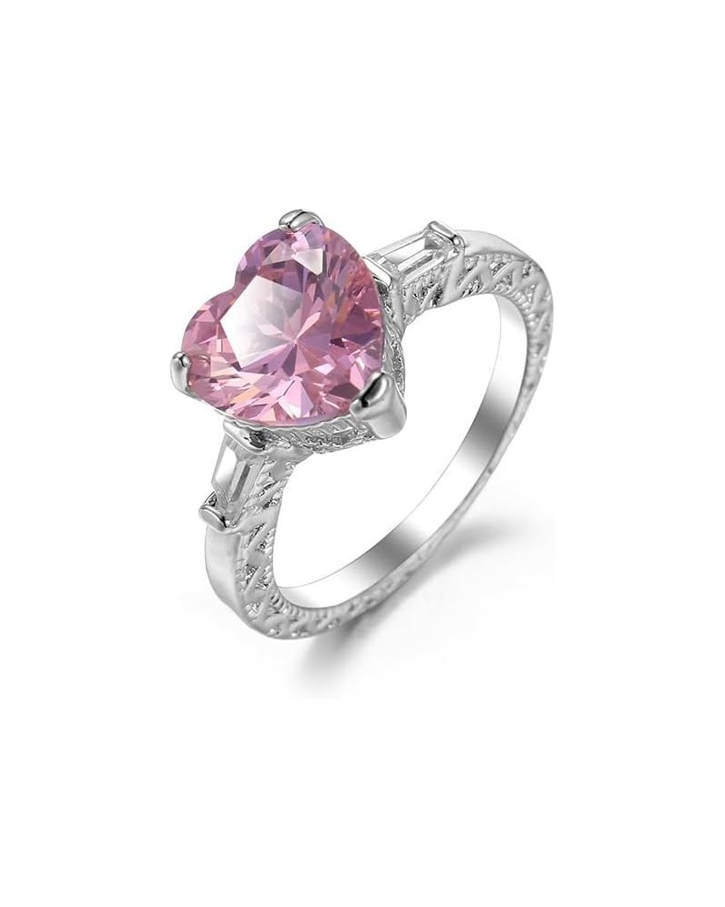 Silver Plated Created Rainbow Pink Topaz Cubic Zirconia Filled Promise Proposal Engagement Wedding Heart Ring Forever Love Ba...