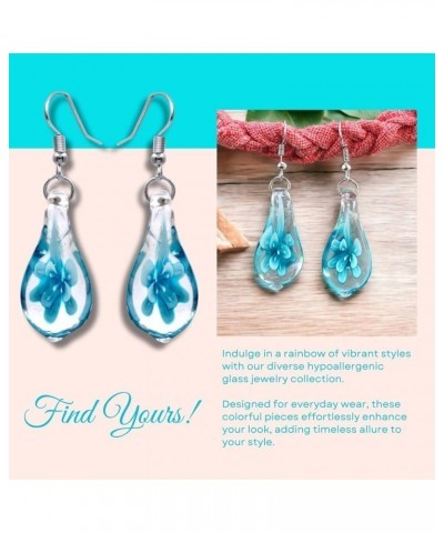 Handmade Earrings Murano Glass Inspired Unique Blue Green Teardrop Flower Glass Dangle Drop Earrings for Women Hypoallergenic...