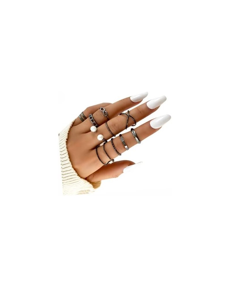 Black Knuckle Rings Set for Women Girls Vintage Stackable Midi Rings Boho Crystal Pearl Sea Wave Finger Ring Pack B-pearl-10p...