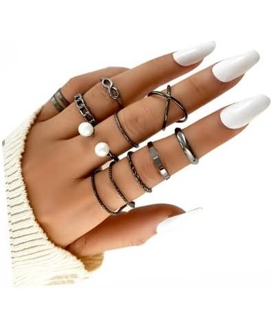 Black Knuckle Rings Set for Women Girls Vintage Stackable Midi Rings Boho Crystal Pearl Sea Wave Finger Ring Pack B-pearl-10p...