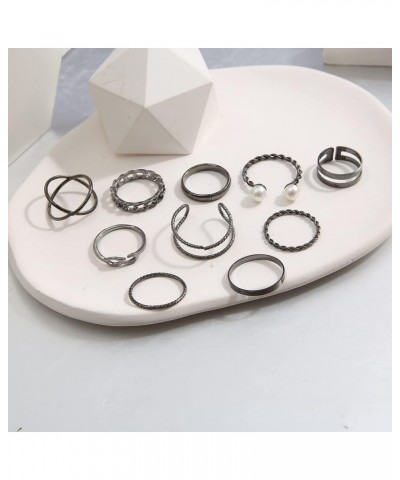 Black Knuckle Rings Set for Women Girls Vintage Stackable Midi Rings Boho Crystal Pearl Sea Wave Finger Ring Pack B-pearl-10p...