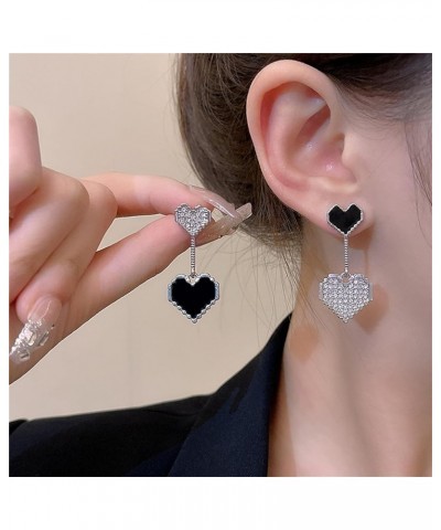 Double Black Love Heart Crystal Earrings for Women Teen Girls Asymmetric Dainty Charm Layered Enamel Heart Chic Rhinestone Cu...