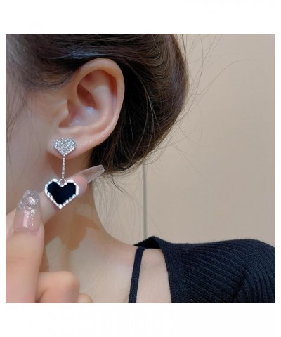 Double Black Love Heart Crystal Earrings for Women Teen Girls Asymmetric Dainty Charm Layered Enamel Heart Chic Rhinestone Cu...