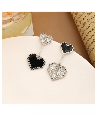 Double Black Love Heart Crystal Earrings for Women Teen Girls Asymmetric Dainty Charm Layered Enamel Heart Chic Rhinestone Cu...