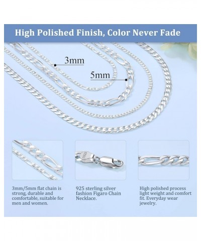 Solid 925 Sterlings Silver 3mm 5mm Flat Curb Cuban Link Chain/Figaro Chain Necklace, Hip Hop Jewelry for Men Women 14"/18"/20...