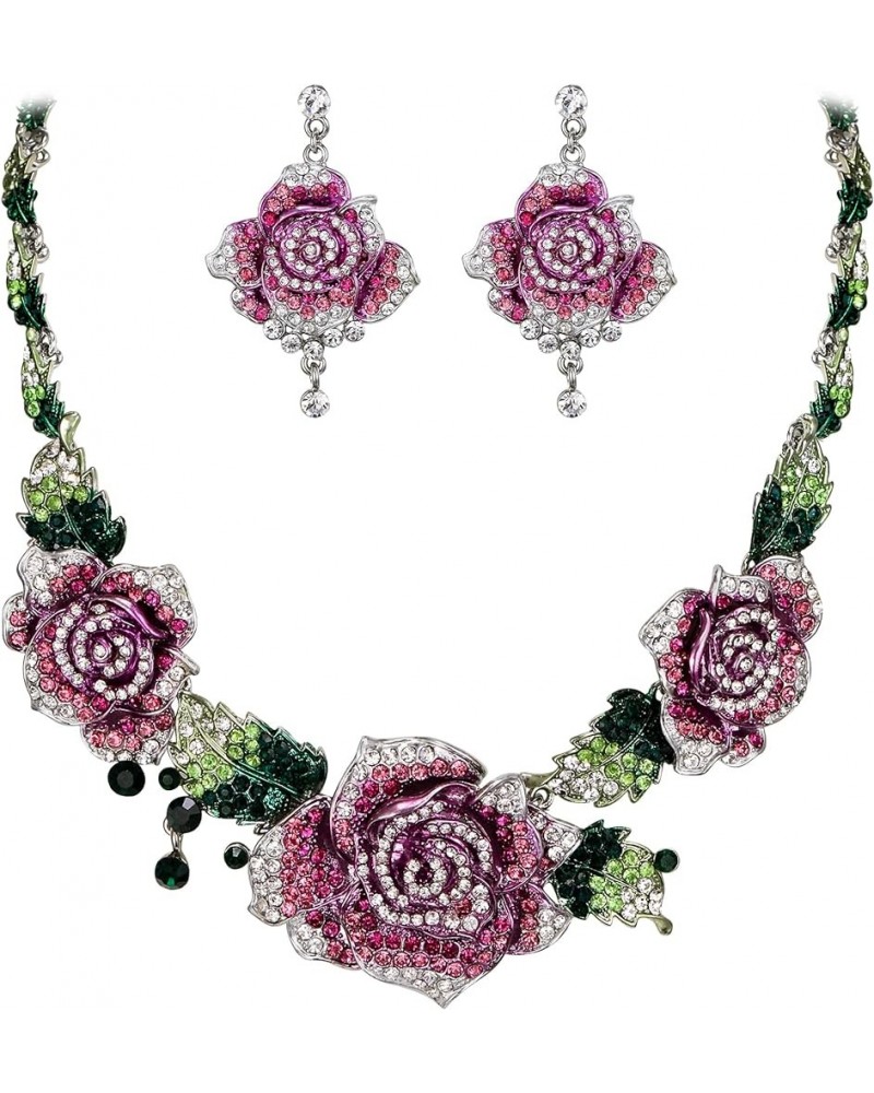 Women's Austrian Crystal Blooming Rose Flower Necklace Earrings Set for Bride, Prom, Ball Light Pink w/ Green Silver-Tone $14...