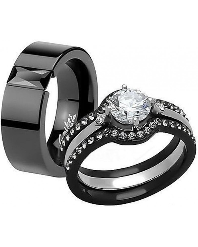 His and Hers 4 Piece?Black Ion Plated Stainless Steel Wedding Engagement Ring Band Set Women's Size 08 Men's 08mm Size 10 $22...