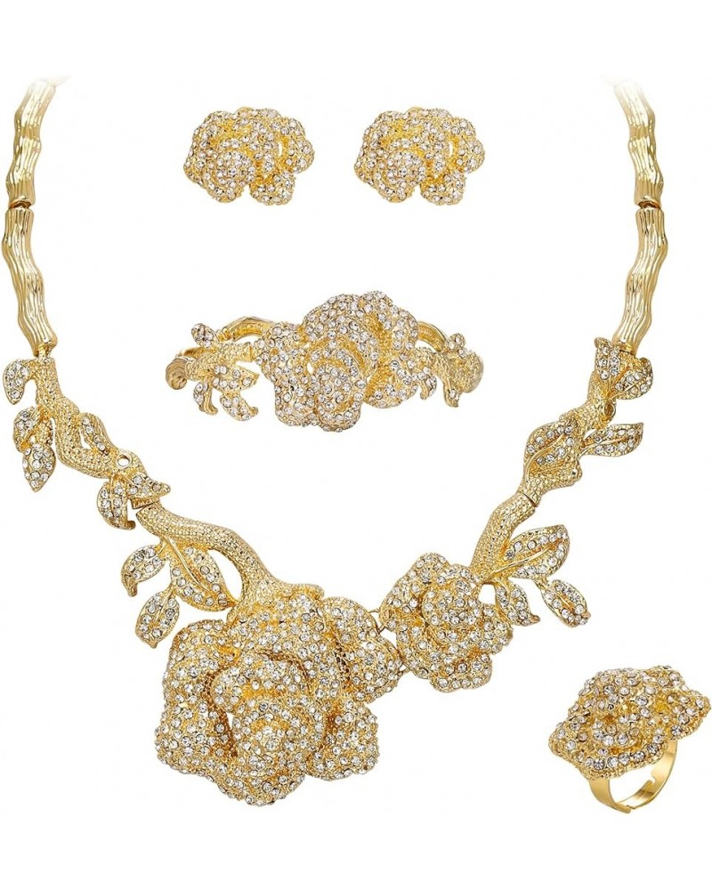 Women's Austrian Crystal Graceful Rose Flower Necklace Stud Earrings Set Clear Gold-Tone $17.64 Jewelry Sets