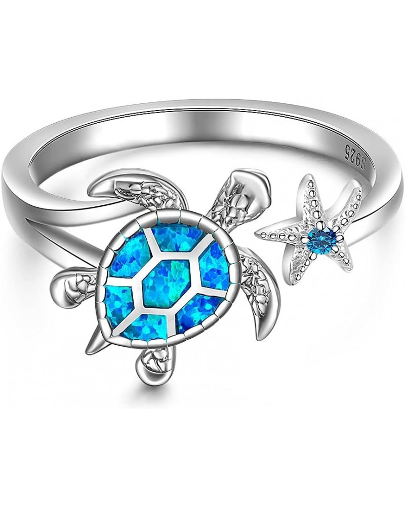 Sterling Silver Turtle Ring Starfish Blue Opal Rings Adjustable Band Sea Turtle Jewelry Longevity Gifts $12.47 Rings