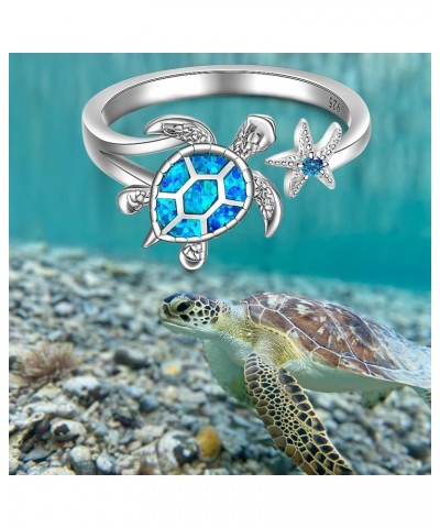 Sterling Silver Turtle Ring Starfish Blue Opal Rings Adjustable Band Sea Turtle Jewelry Longevity Gifts $12.47 Rings