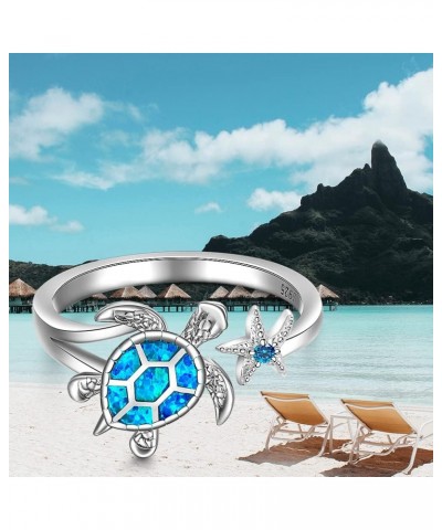 Sterling Silver Turtle Ring Starfish Blue Opal Rings Adjustable Band Sea Turtle Jewelry Longevity Gifts $12.47 Rings