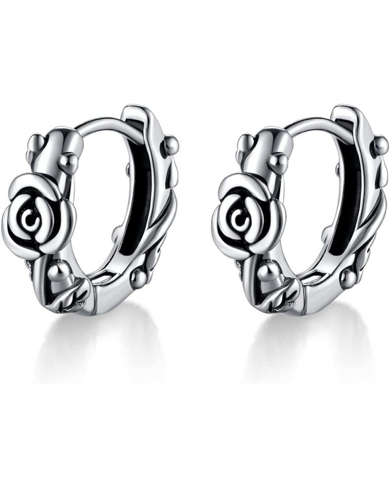 Retro Vintage Stainless Steel Rose Flower Style Wedding Statement Party Holiday Hoop Earrings Grey $6.75 Earrings