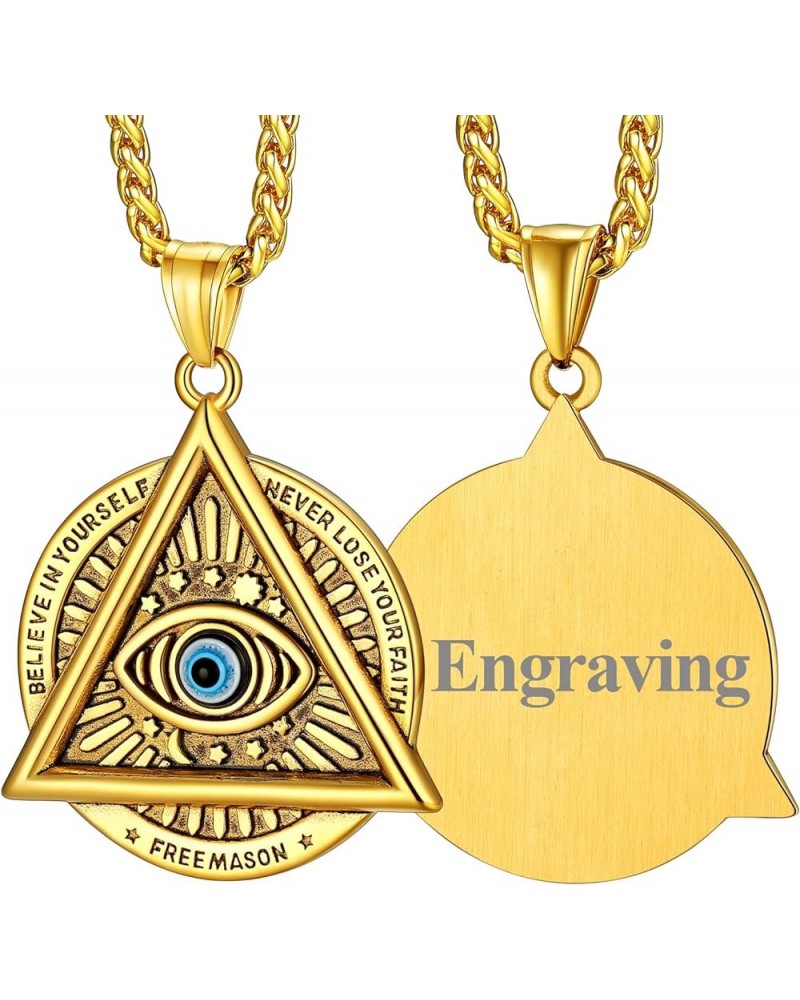 Evil Eye Pendant Necklace for Men Women Stainless Steel Retro Triangle Amulet with Delicate Gift Packaging 03. Medal-Gold (Cu...