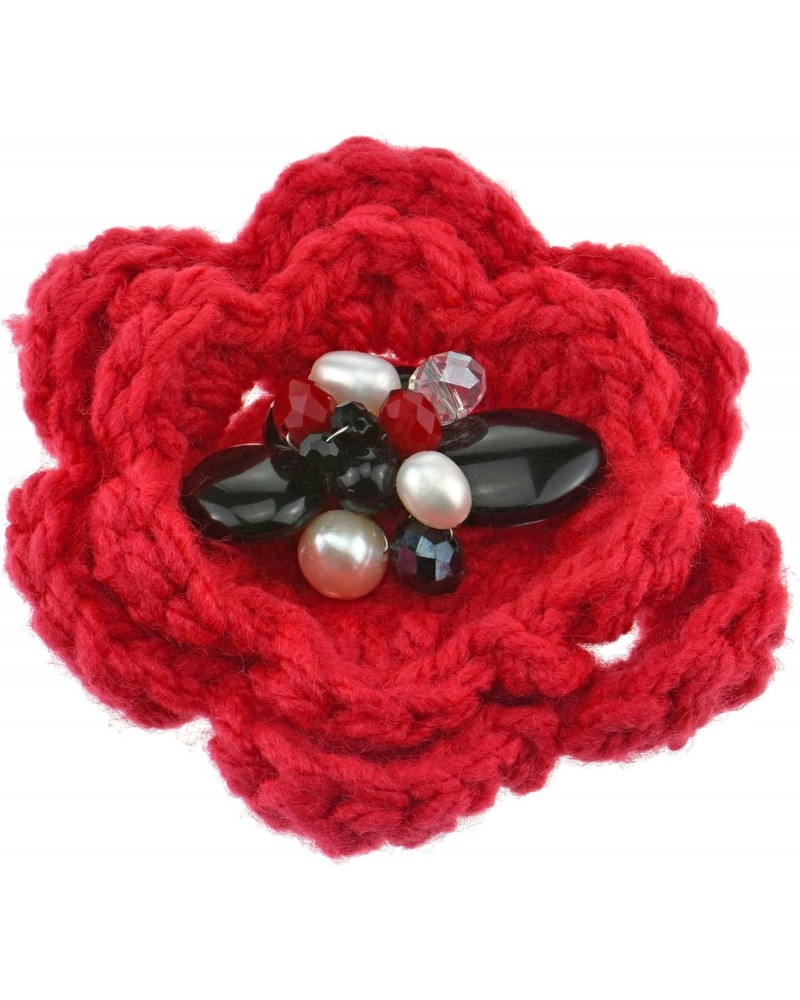 Handmade Red Crochet Flower with Stone and Crystal Brooch Pin $7.64 Brooches & Pins