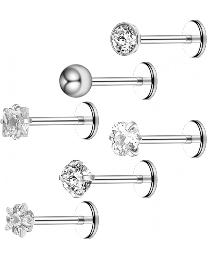 6Pcs Stainless Steel Internally Threaded CZ Nose Studs Rhinestone Lip Rings Cartilage Earring Piercing Jewelry for Nose/Tragu...