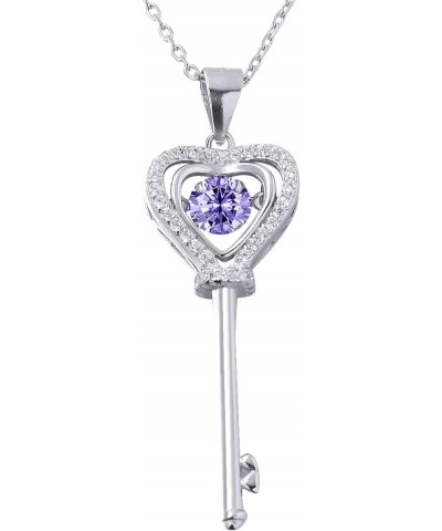 Beating Heart Key Necklace 925 Sterling Silver with White Gold Plated Cubic Zirconia Dancing Birthstone Pendant Forever Love ...