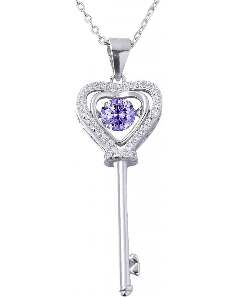 Beating Heart Key Necklace 925 Sterling Silver with White Gold Plated Cubic Zirconia Dancing Birthstone Pendant Forever Love ...