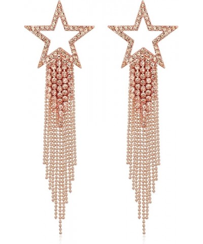 Star Tassel Clip-on Earrings for Women Girls, Rhinestone Crystal Long Waterfall Beaded Fringe Chandelier Dangle Drop Statemen...