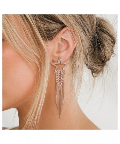 Star Tassel Clip-on Earrings for Women Girls, Rhinestone Crystal Long Waterfall Beaded Fringe Chandelier Dangle Drop Statemen...