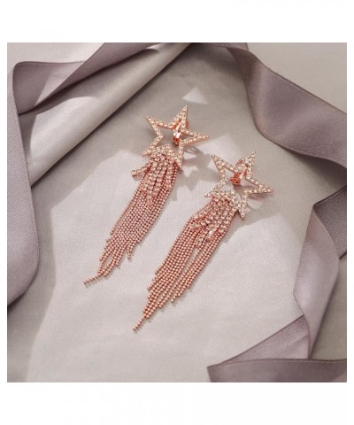 Star Tassel Clip-on Earrings for Women Girls, Rhinestone Crystal Long Waterfall Beaded Fringe Chandelier Dangle Drop Statemen...