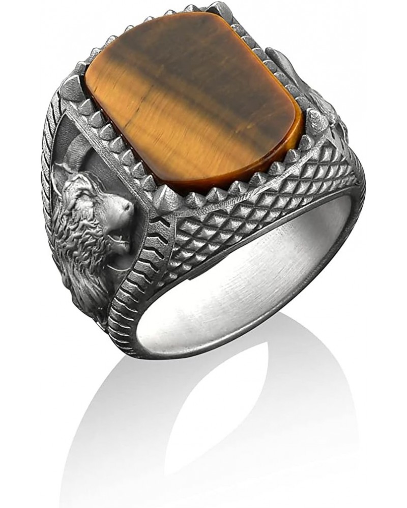 Howling Wolf in Wild, Tiger's Eye Gemstone Square Signet Ring, Sterling Silver Pinky Rings for Women, Mens Rings, Animal Love...