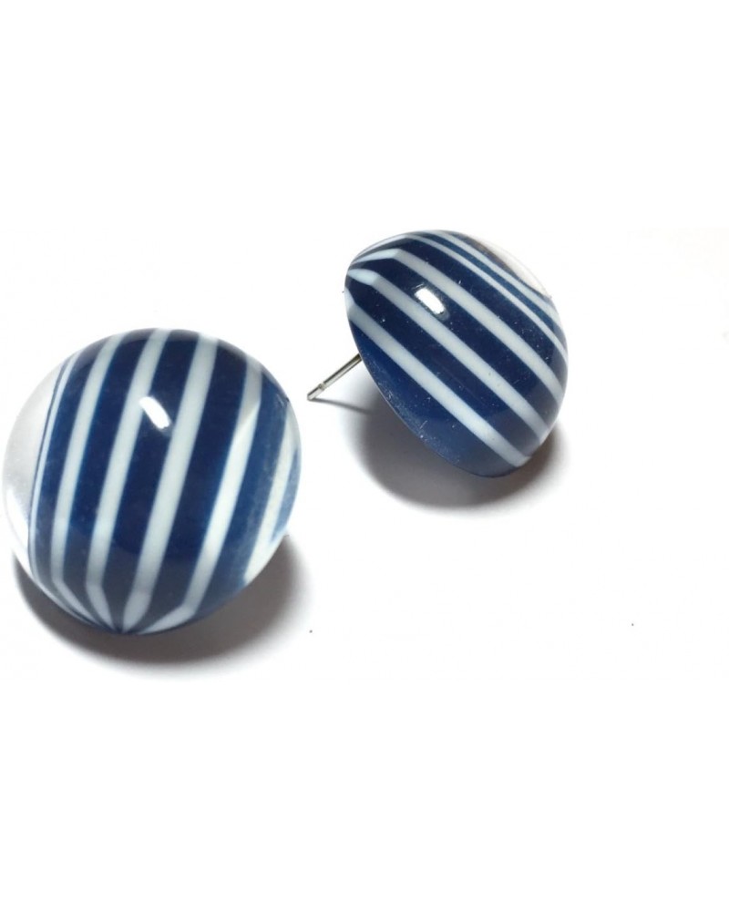 Blue Stud Earrings | Navy Blue Striped Retro Button Studs Earrings | nautical preppy vintage lucite posts $8.82 Earrings