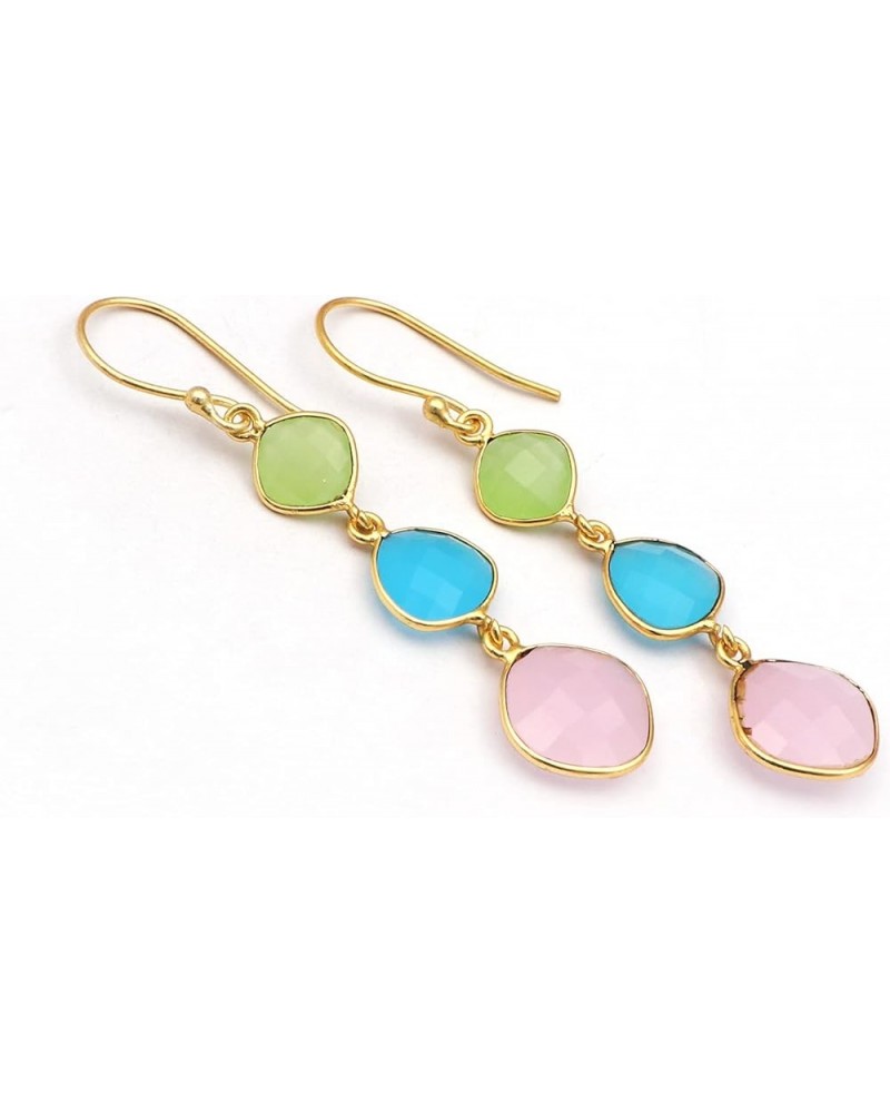 Three Stone Handmade Dangle Hook Earring | Prehnite, Fuchsia & Ice Quartz Hook Gemstone Jewelry | Brass Multi Shape Gold Plat...