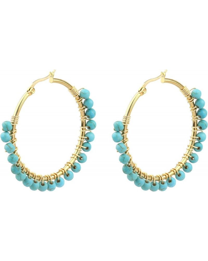 Faux Turquoise Beaded Hoop Earrings Vintage Stainless Steel Big Earrings 40mm Gold Color $8.55 Earrings